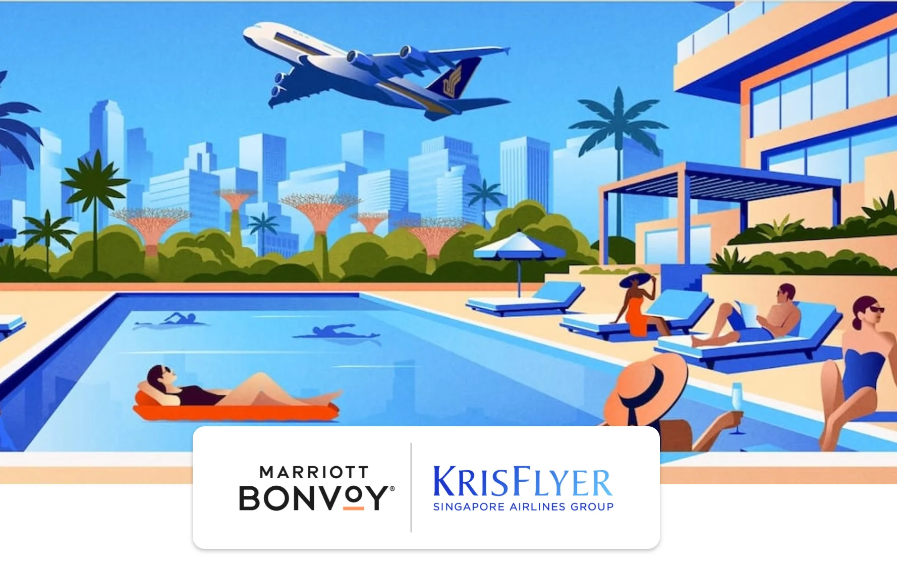 Marriott Bonvoy and KrisFlyer partnership banner with an illustrated Singapore Airlines plane over a hotel pool