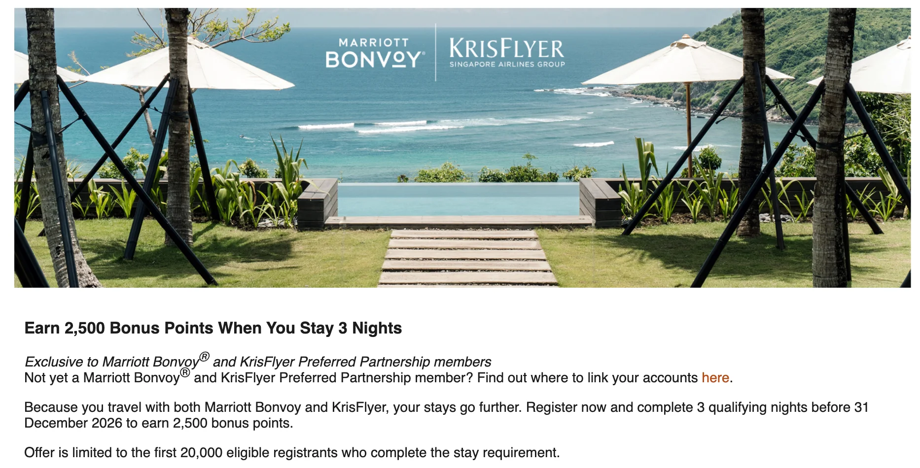 Marriott Bonvoy and KrisFlyer offer page: earn 2,500 bonus points when you stay 3 nights, limited to the first 20,000 eligible registrants