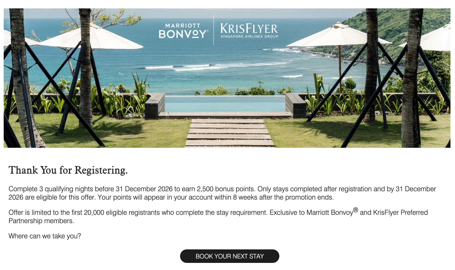 Marriott Bonvoy and KrisFlyer registration confirmation: complete 3 qualifying nights before 31 December 2026 to earn 2,500 bonus points