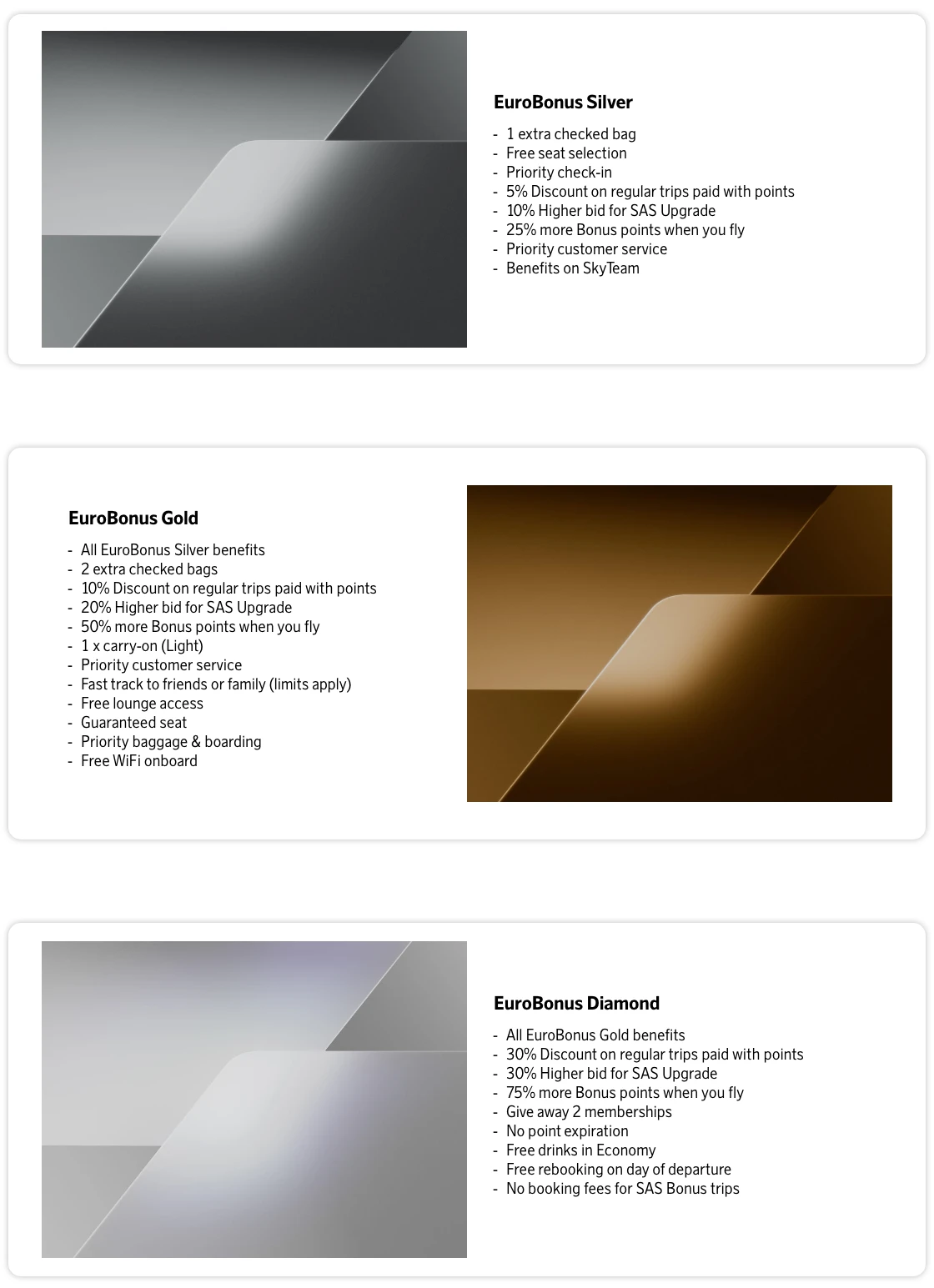 SAS EuroBonus Silver, Gold, and Diamond benefits on the SAS status match page