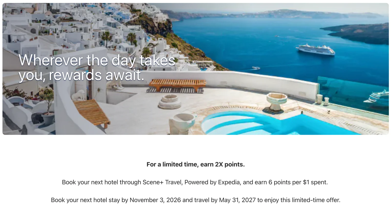 Scene+ Travel promotion banner, earn 6 points per $1 on hotels booked by November 3, 2026