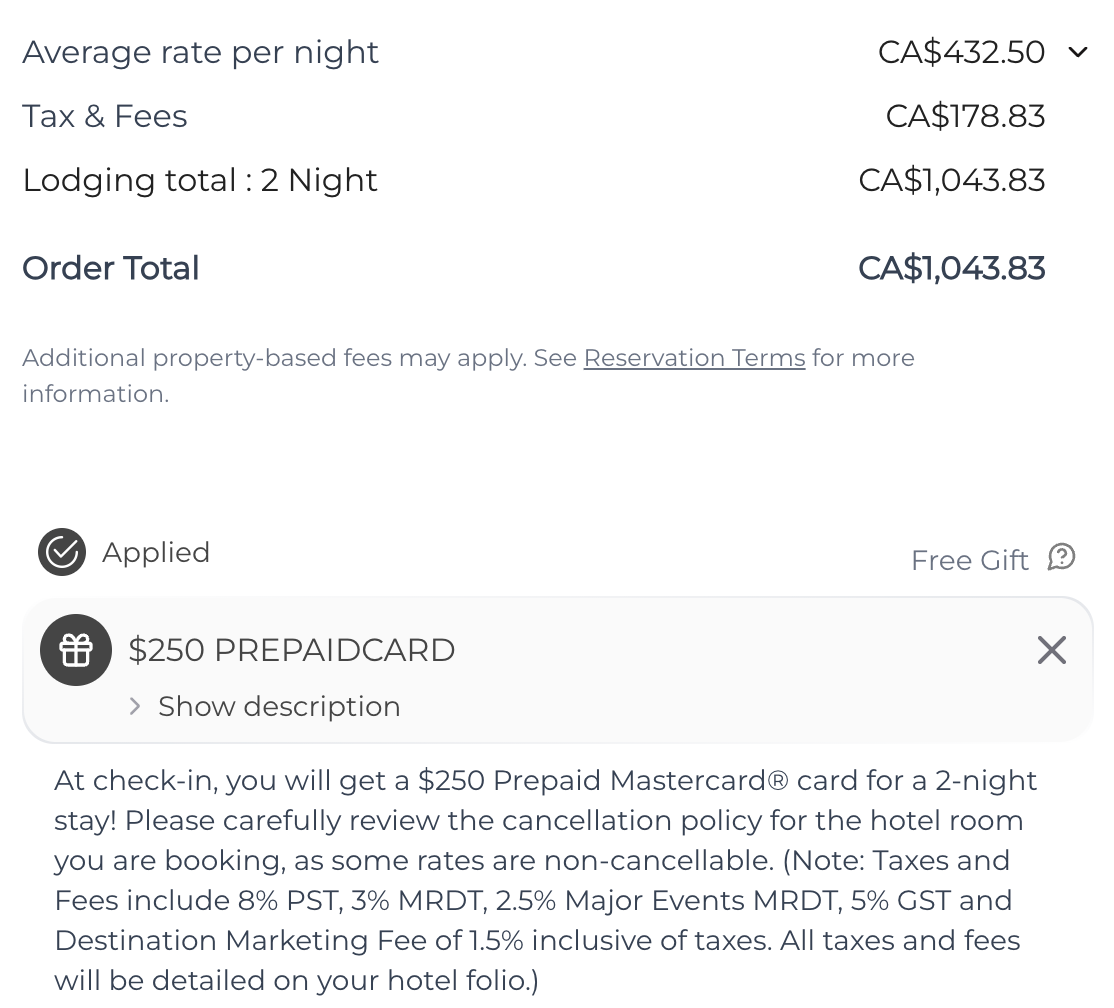 stay vancouver jw marriott parq checkout with 250 dollar prepaid mastercard