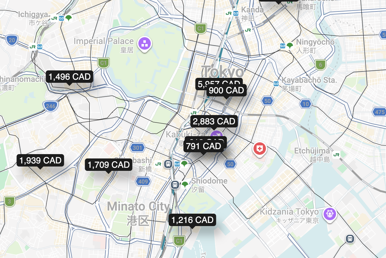 Map of hotel prices around Ginza, Tokyo Station, and Shimbashi in Tokyo, ranging from 791 to 5,957 CAD