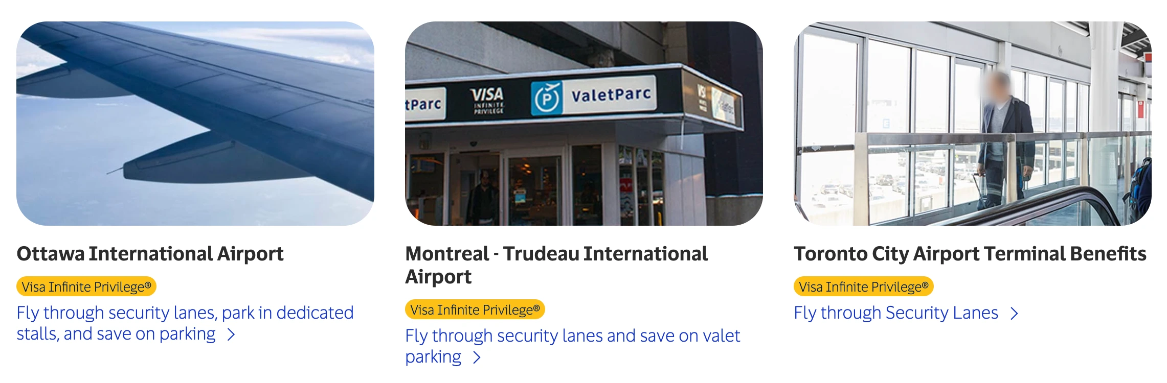 Visa Infinite Privilege airport benefits at Ottawa International Airport, Montreal-Trudeau International Airport, and Toronto City Airport, including priority security lanes and parking savings