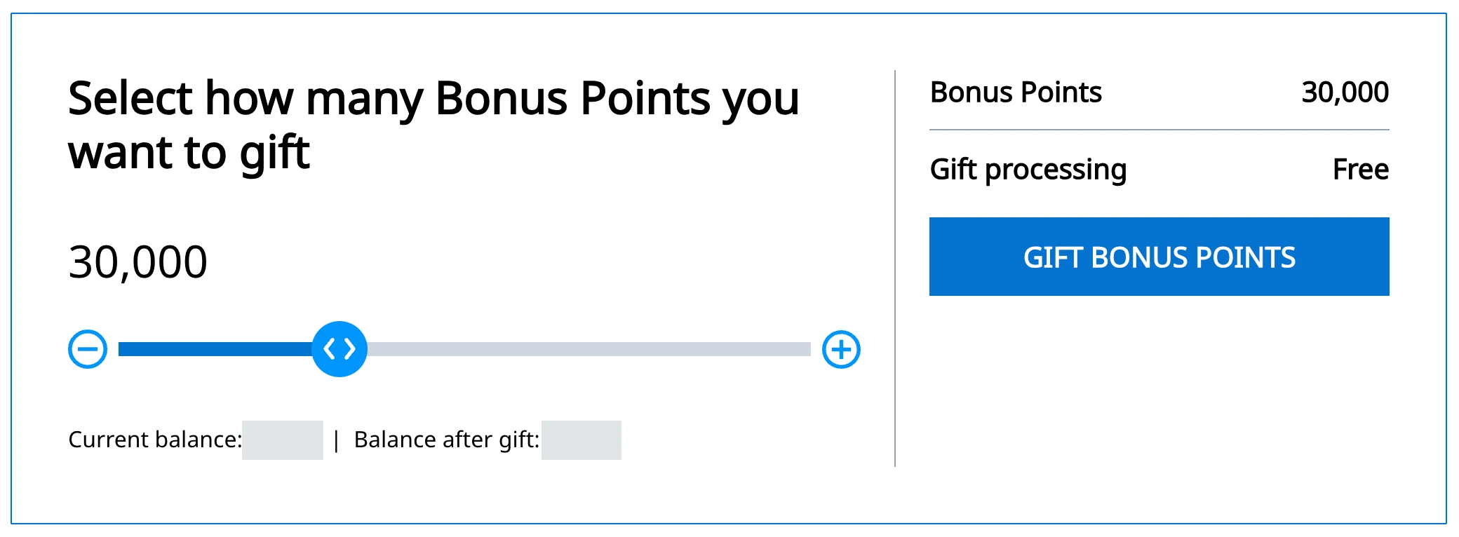 World of Hyatt points transfer screen with a slider set to 30,000 Bonus Points and free gift processing