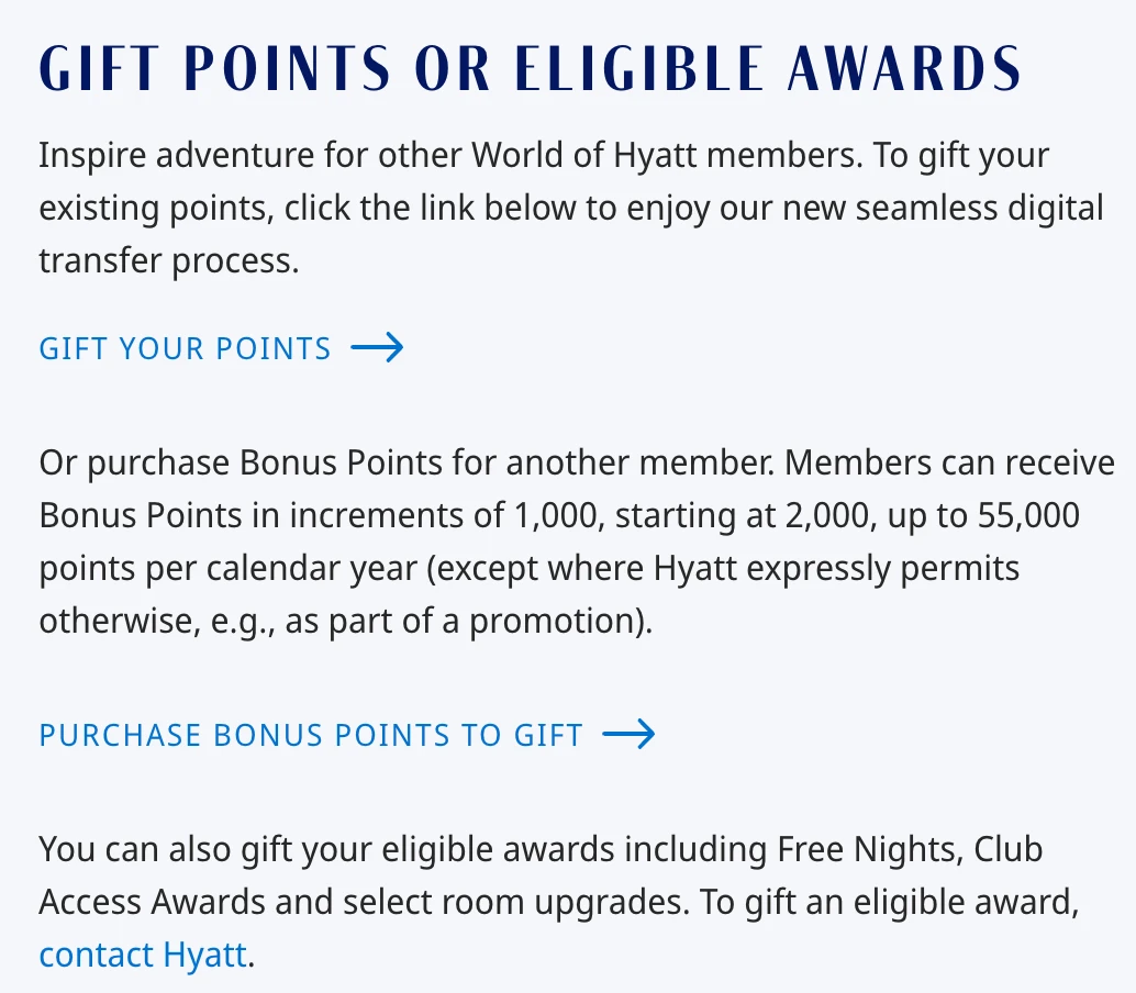 World of Hyatt Gift Points or Eligible Awards page with links to gift your points or purchase Bonus Points to gift