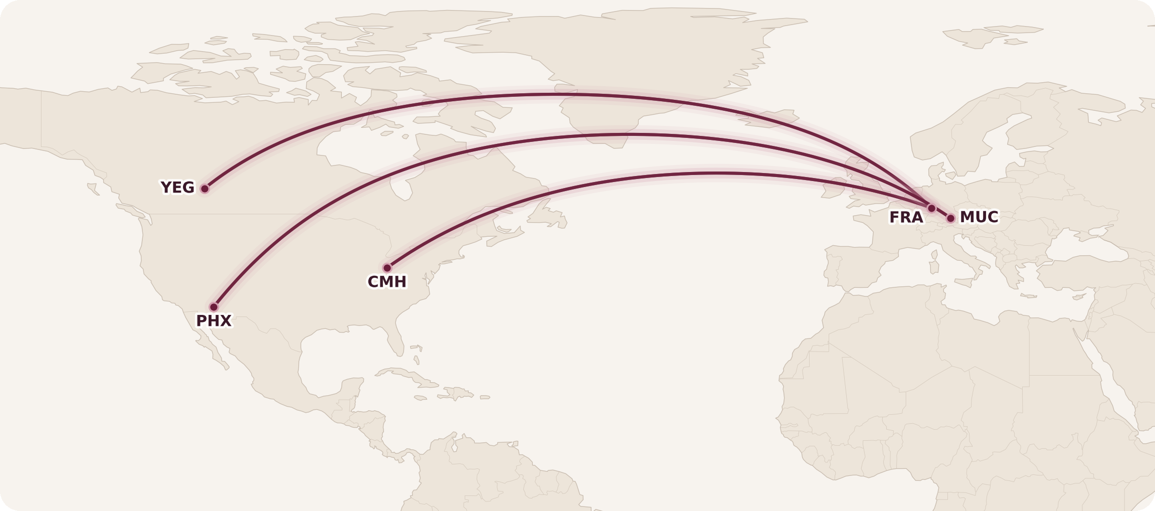 Route map of the new Lufthansa and Discover Airlines routes from Edmonton (YEG) and Columbus (CMH) to Frankfurt (FRA), and from Phoenix (PHX) to Munich (MUC)