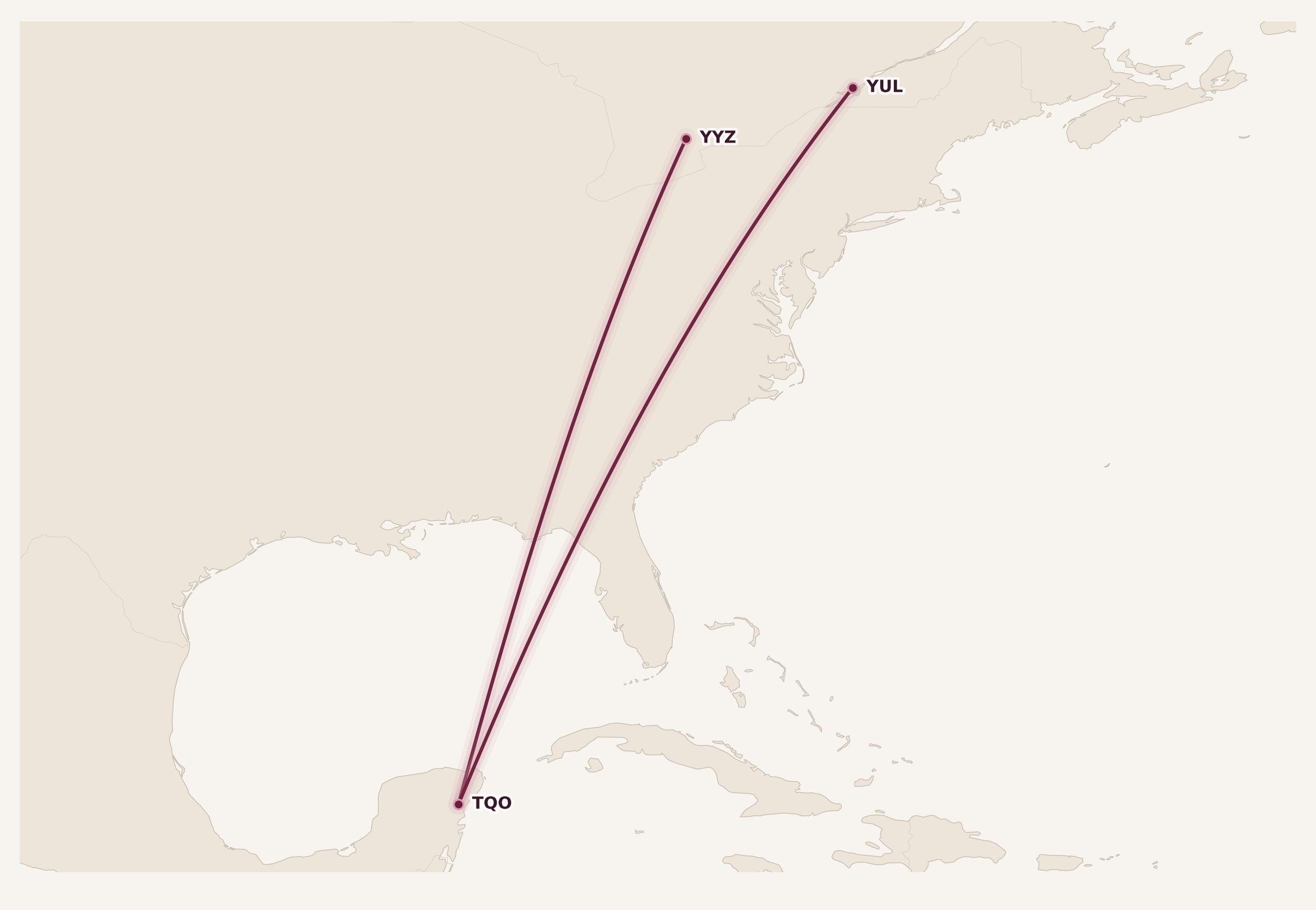 Map for Air Canada Launches New Routes to Tulum and Charleston