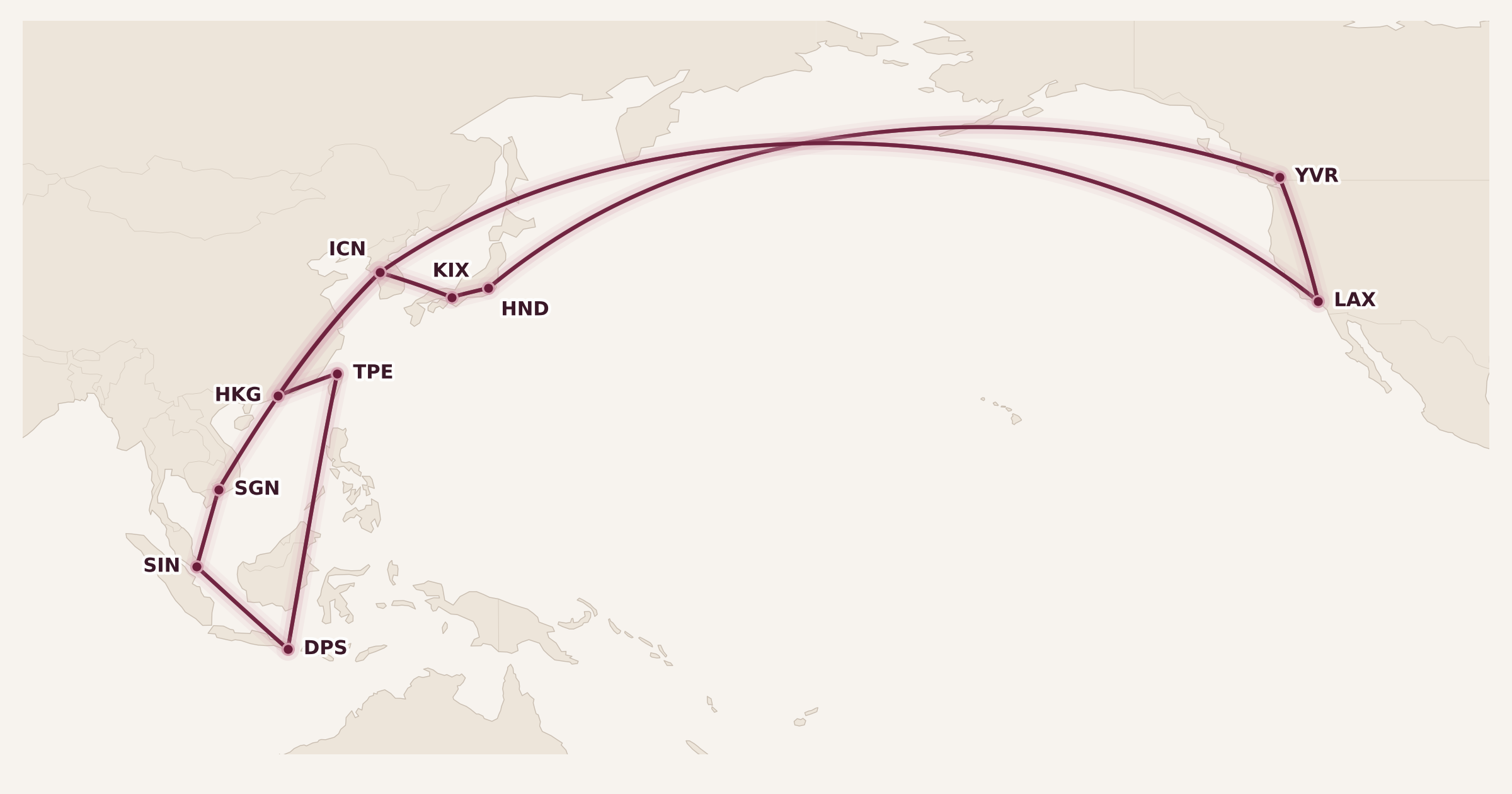 Map for Success Story: Jennie’s Aeroplan Mini-RTW Dream Honeymoon to Asia