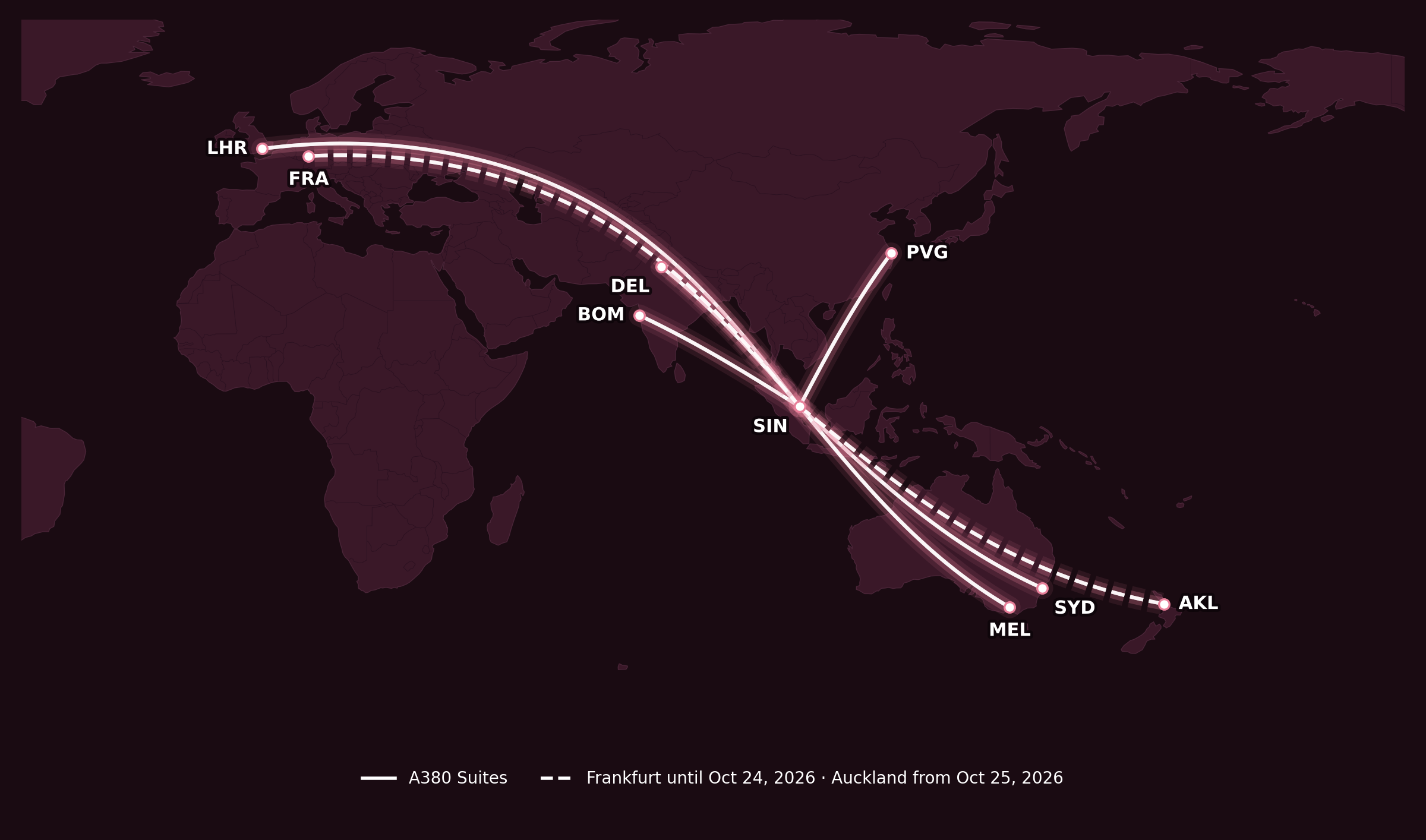 Singapore Airlines Suites Class routes on the Airbus A380