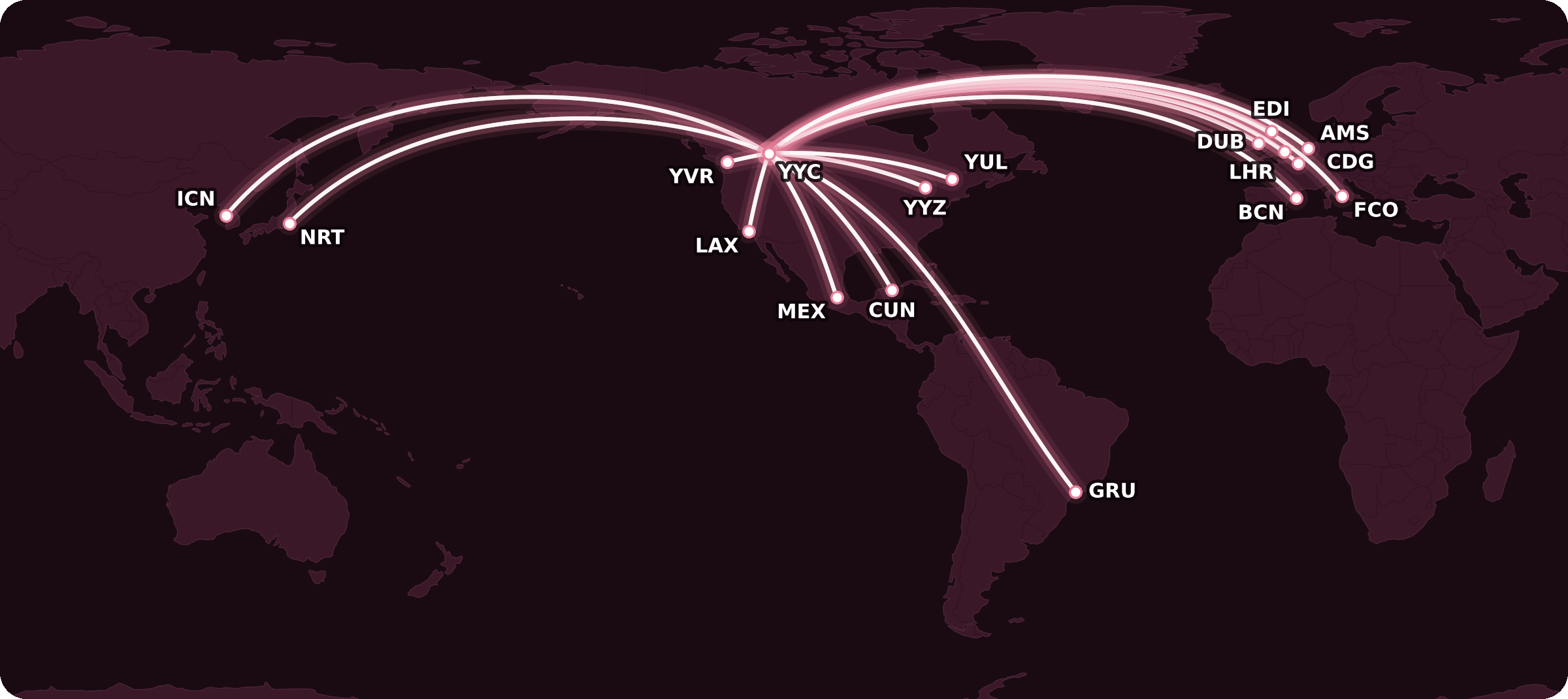 Map of WestJet's major international routes from Calgary